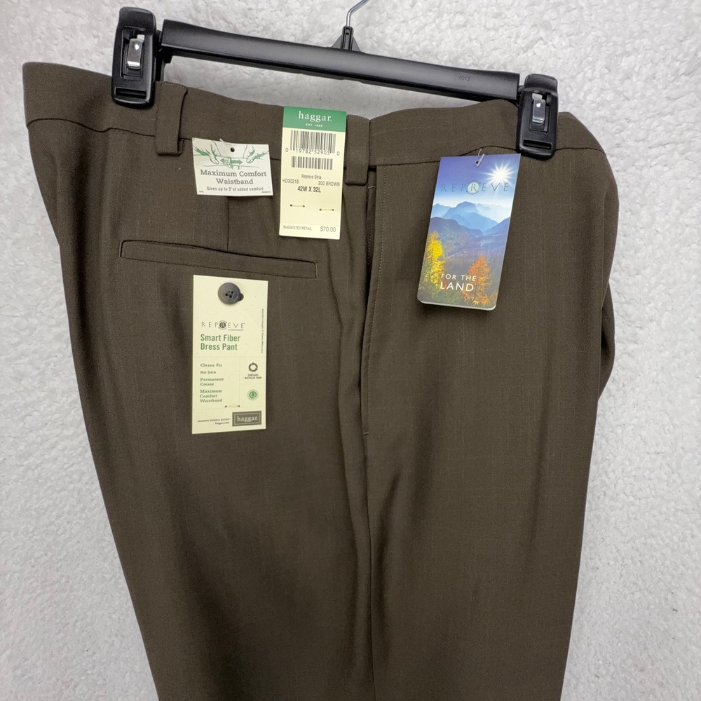 Haggar‎ Mens Repreve Stria Smart Fiber Dress Pant 42x32 Brown Classic Fit NWT